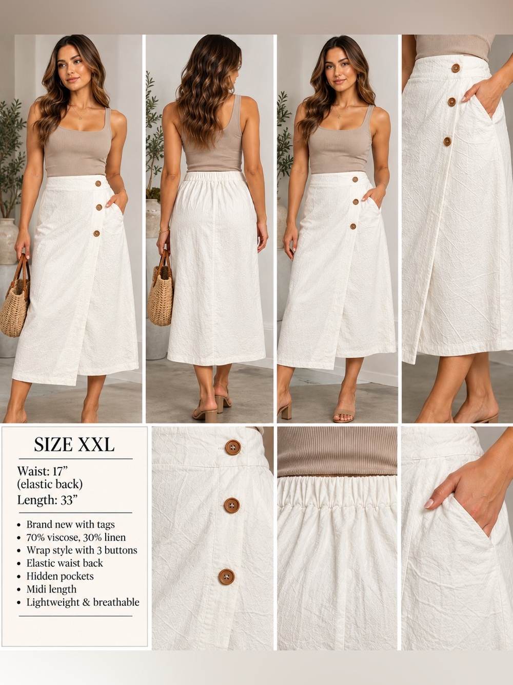 Chartou White Linen Blend Wrap Midi Skirt XXL NWT Elastic Waist Pockets